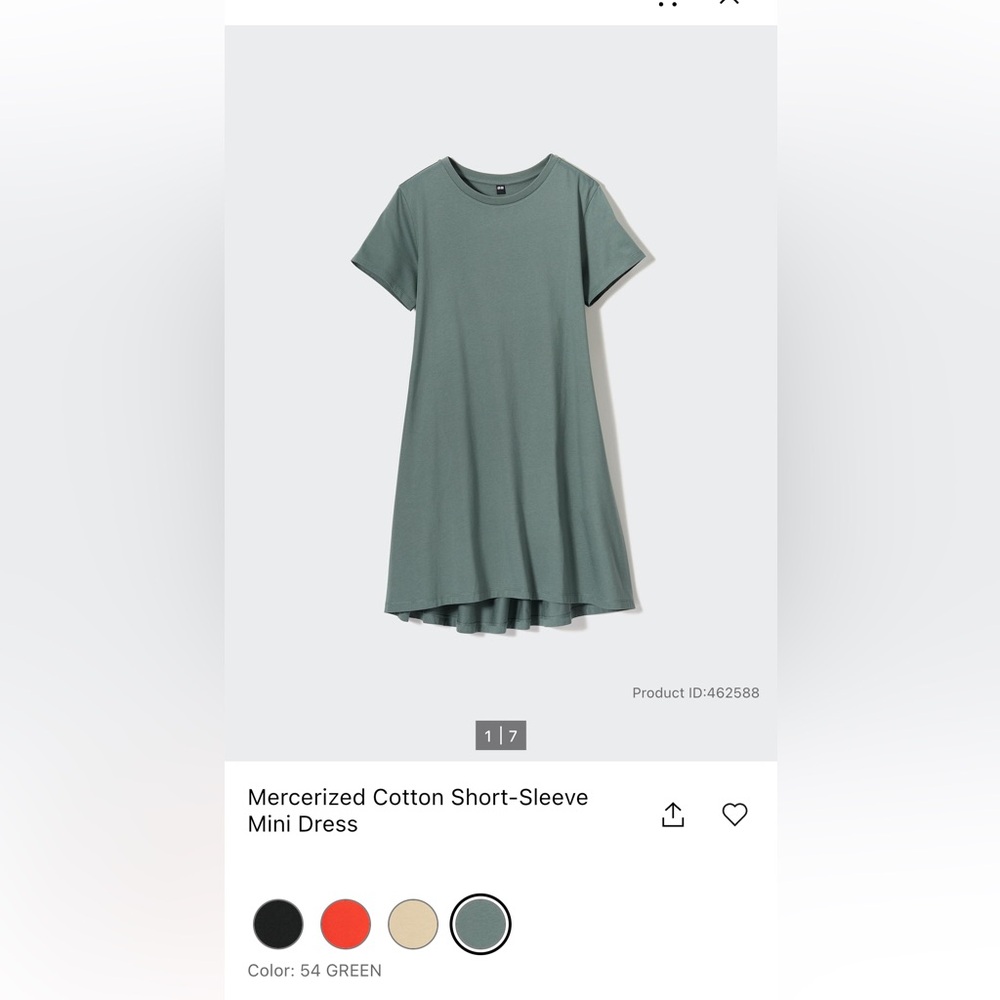 NWT Uniqlo Women’s Mercerized Cotton Short-Sleeve Mini Dress - Green - Medium
